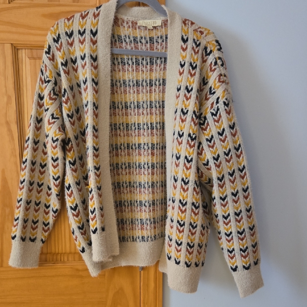 Women's Beige Patterned Open-Front Cardigan Sweater